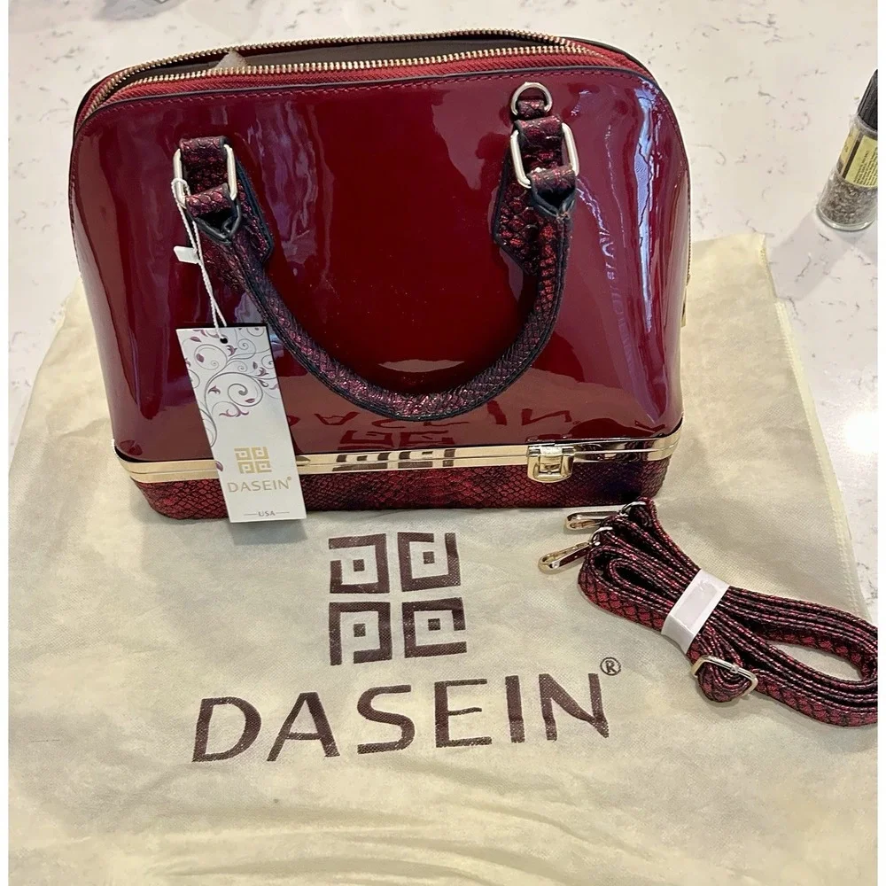 Dasein Red Patent Satchel Top Handle Bag‎ Zip/Latch w/ Detachable Strap Dust Bag